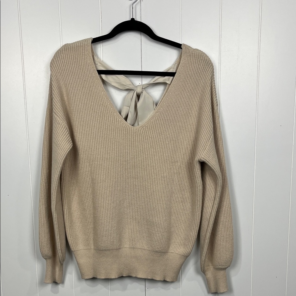 Apricot Lantern Womens Vneck Sweater S Balloon Sleeves Ribbed Knot Back Bow Knot